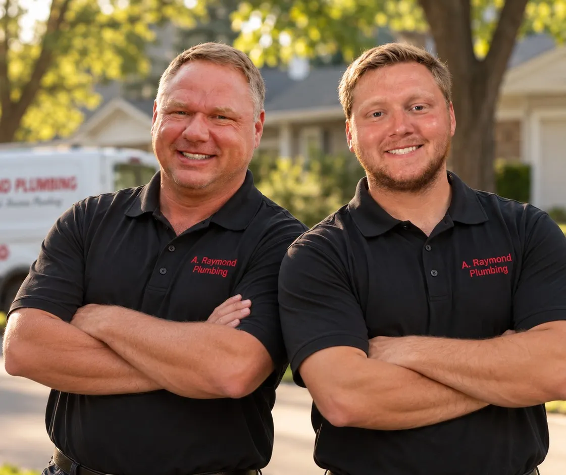 Andy Raymond and his son Max Raymond, arms crossed