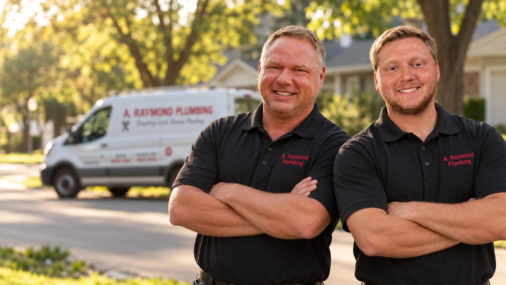 Andy and Max Raymond, arms crossed, in front of an A Raymond Plumbing van on a tree-lined street