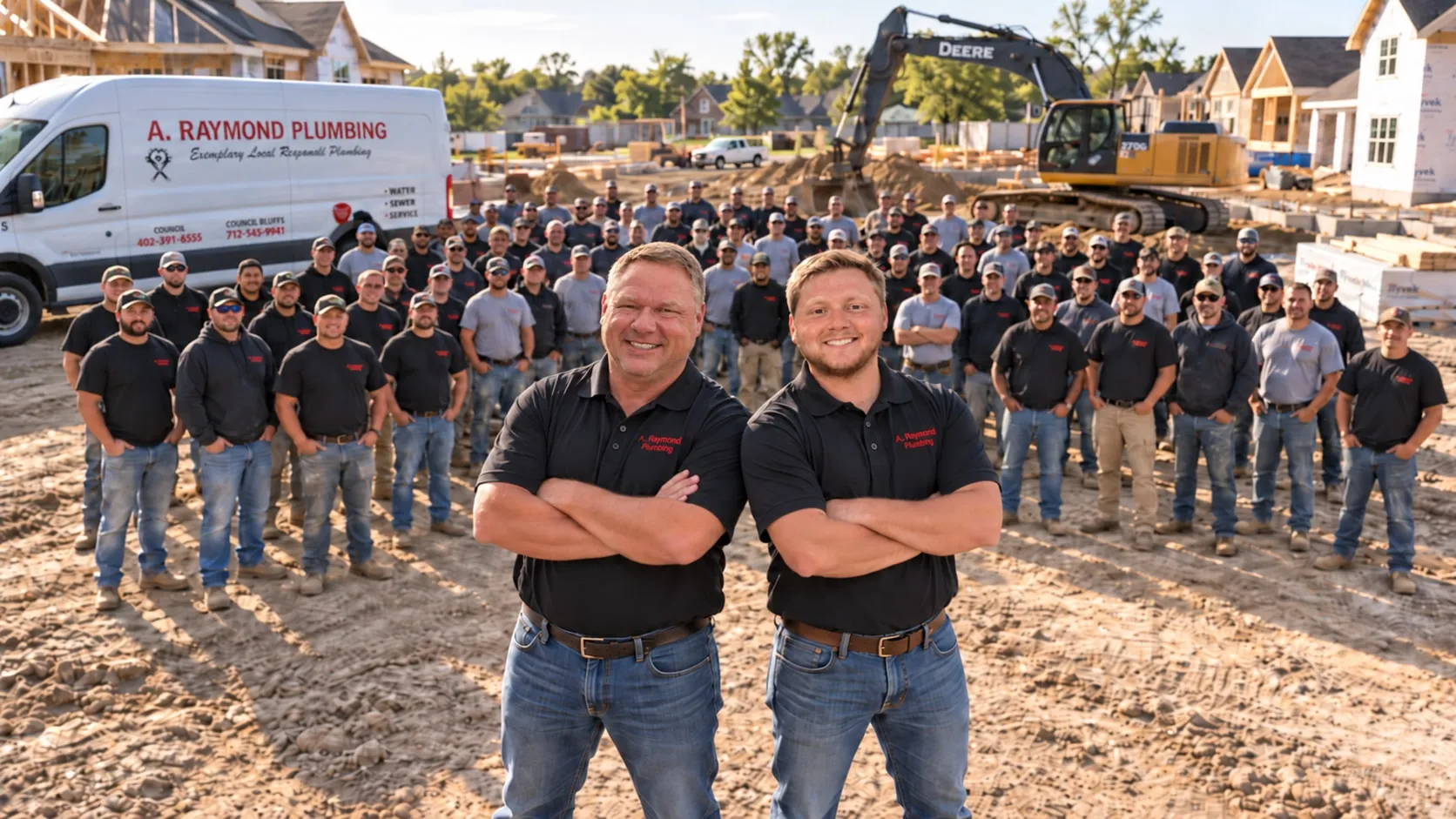 Andy and Max Raymond in front of the A Raymond Plumbing crew at a new-construction site, with a service van and an excavator behind them