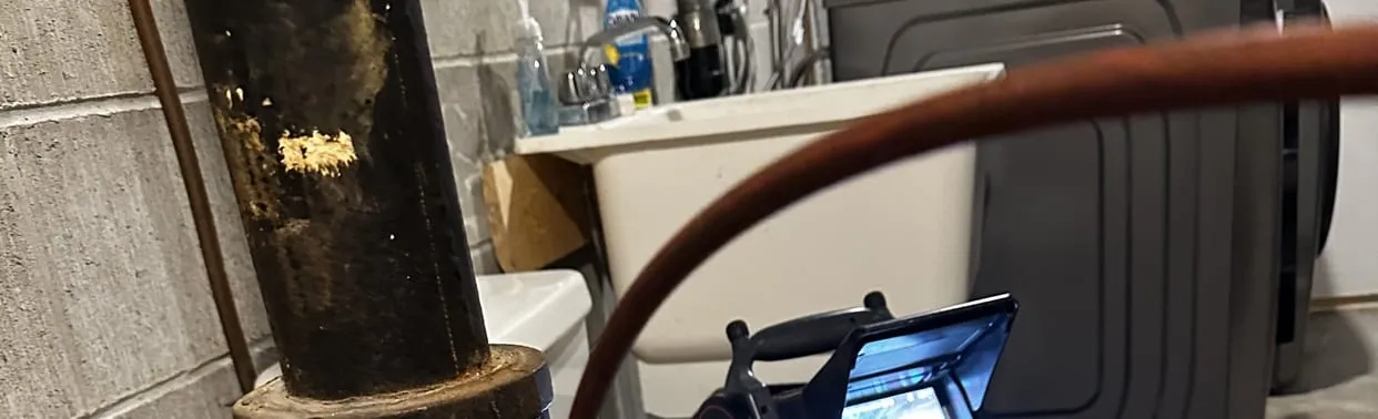 Sewer camera cable fed into a basement drain beside a laundry tub